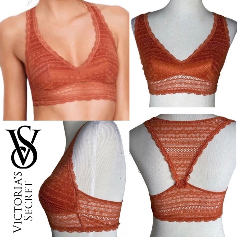 Victoria's Secret Lace Burnt Orange Auburn Racerback Bralette Size M Stretchy